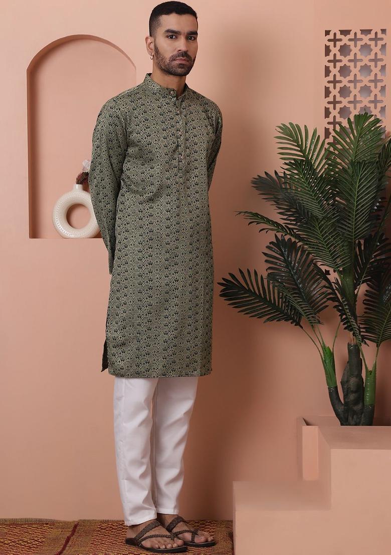 Black Woven Design Silk Kurta Set For Men - Indya