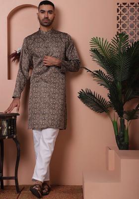 Black Woven Design Silk Kurta Set For Men