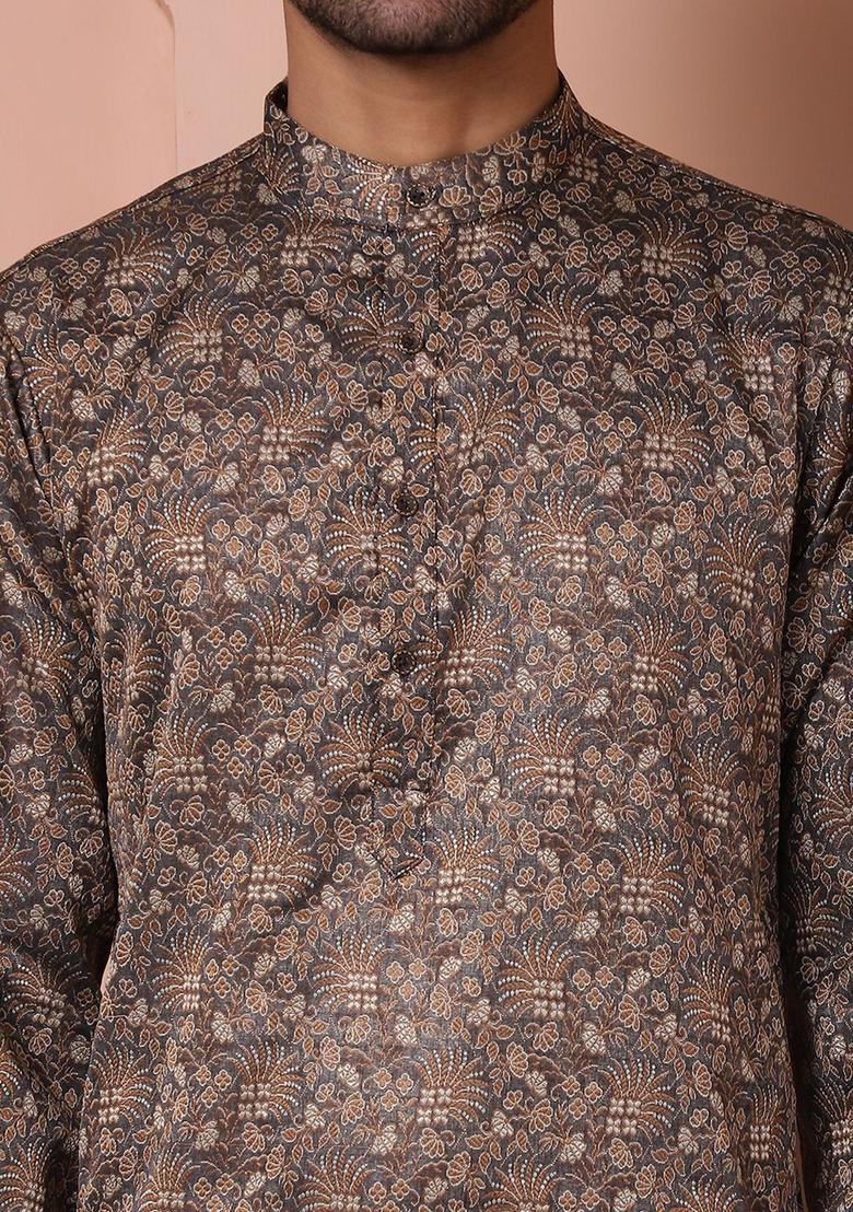 Black Woven Design Silk Kurta Set For Men - Indya