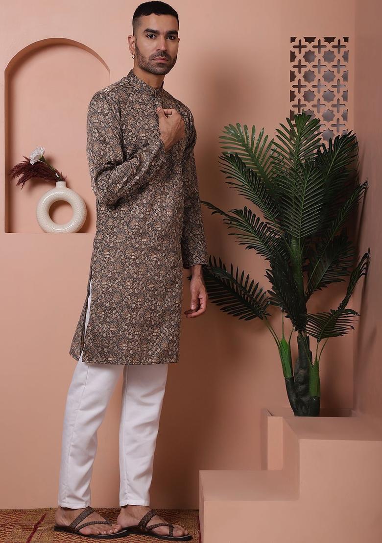 Black Woven Design Silk Kurta Set For Men - Indya