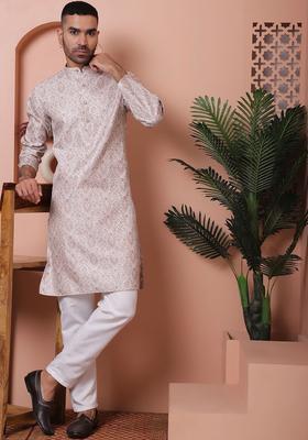 White Woven Design Silk Kurta Set For Men