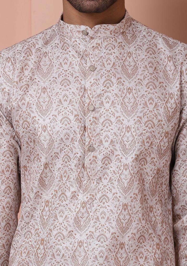 White Woven Design Silk Kurta Set For Men - Indya