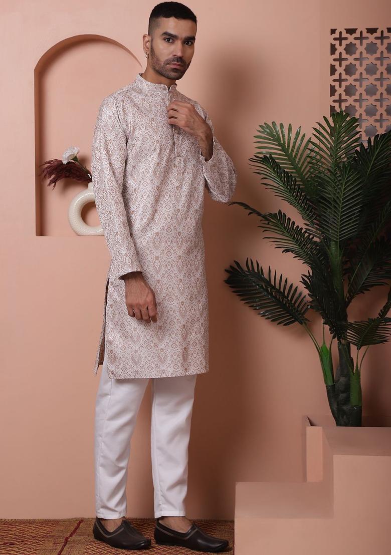 White Woven Design Silk Kurta Set For Men - Indya