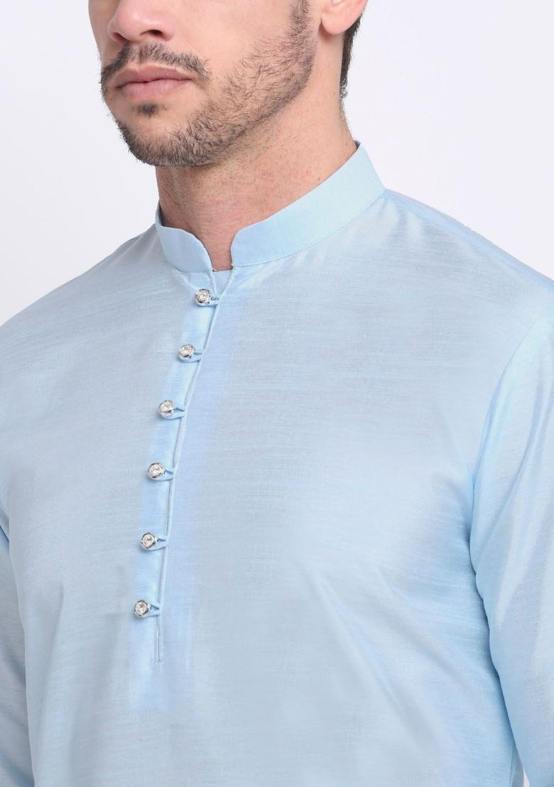 Blue Solid Silk Kurta Set For Men - Indya