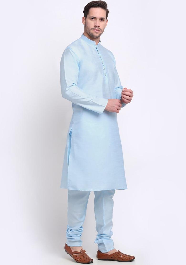 Blue Solid Silk Kurta Set For Men - Indya