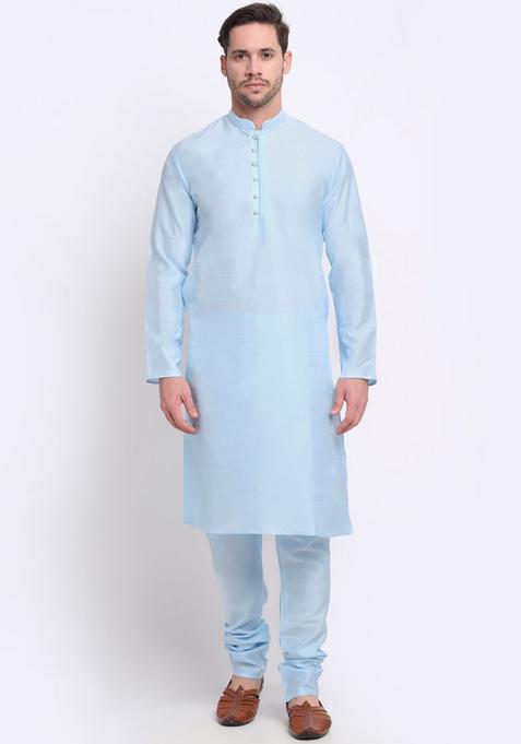 Blue Solid Silk Kurta Set For Men