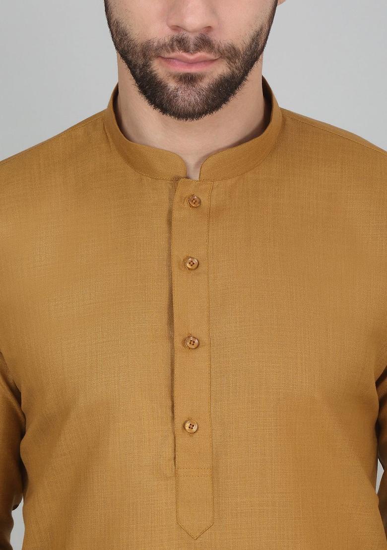 Gold Solid Cotton Kurta Set For Men - Indya