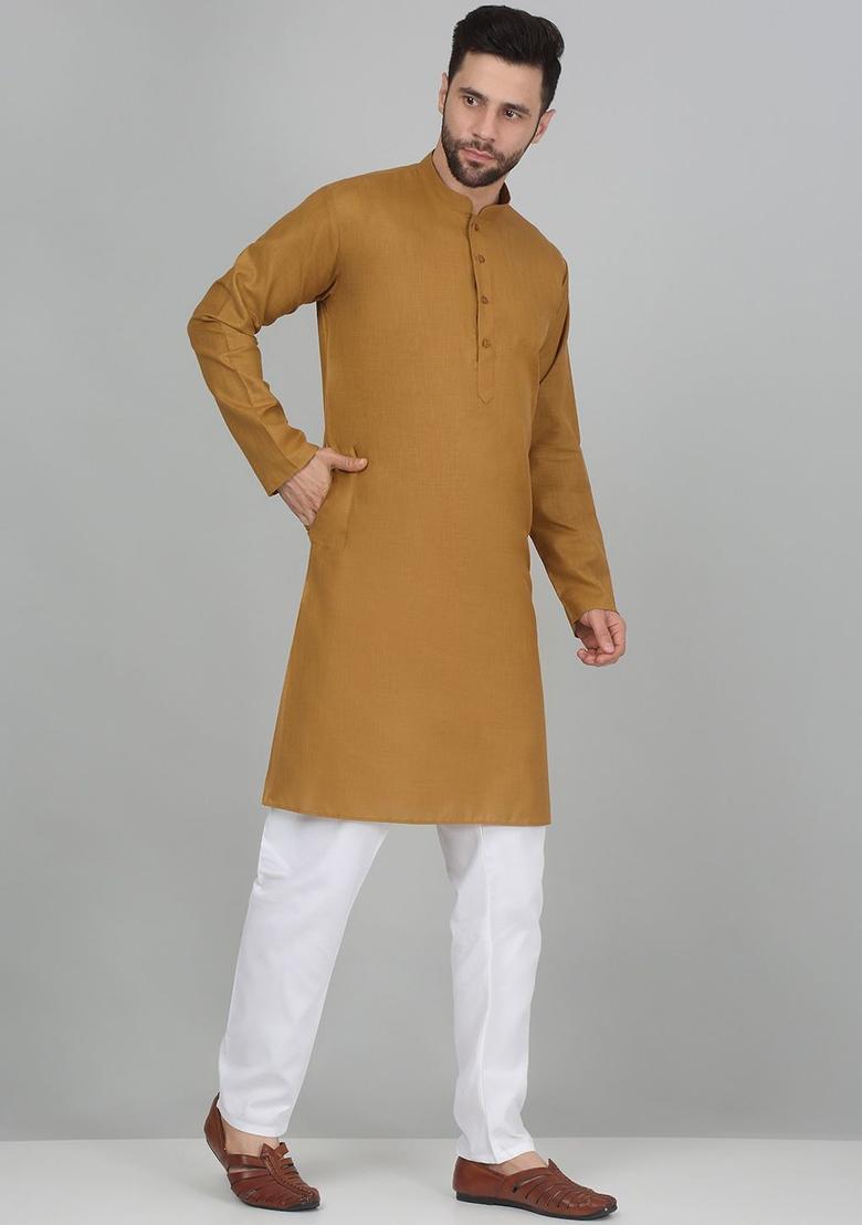 Gold Solid Cotton Kurta Set For Men - Indya
