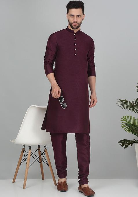 Purple Solid Silk Kurta Set For Men