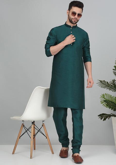 Green Solid Silk Kurta Set For Men