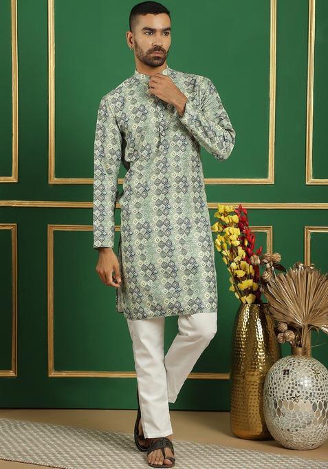 Green Printed Cotton Kurta Set For Men
