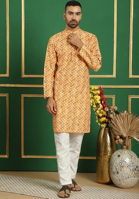 Orange Printed Cotton Kurta Set For Men