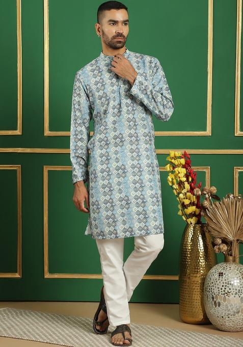 Blue Printed Cotton Kurta Set For Men