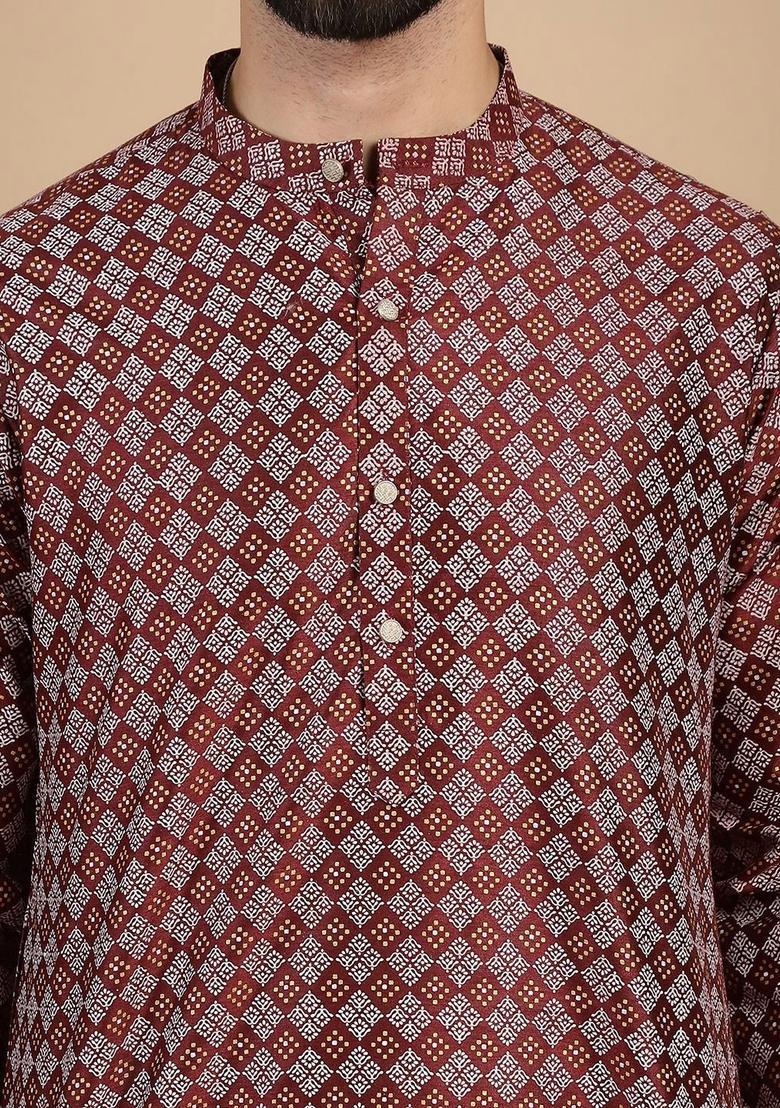 Maroon Printed Silk Kurta Set For Men - Indya