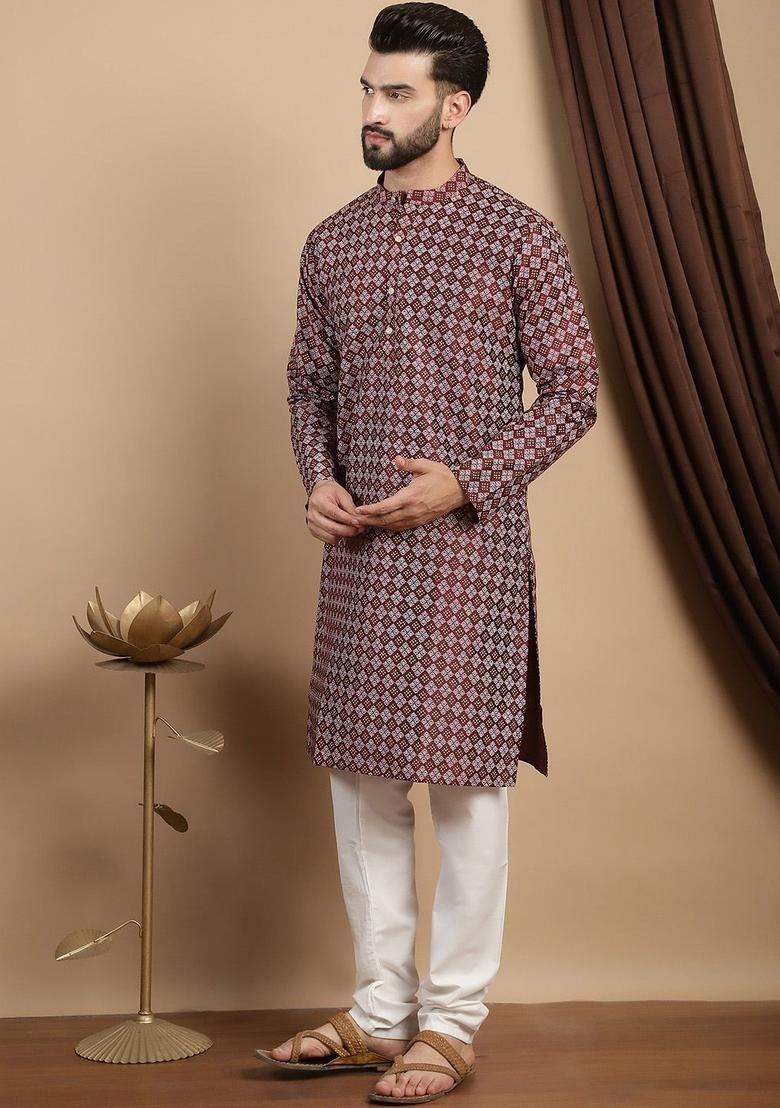 Maroon Printed Silk Kurta Set For Men - Indya