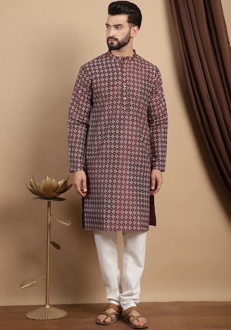 Maroon Printed Silk Kurta Set For Men
