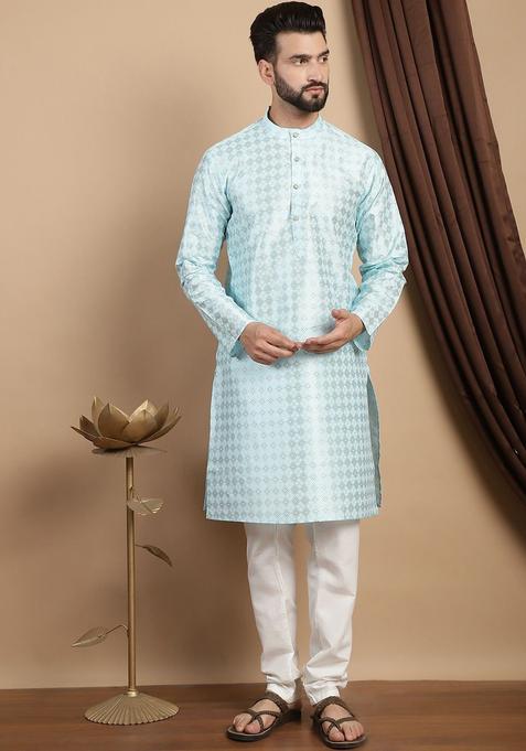 Blue Printed Silk Kurta Set For Men
