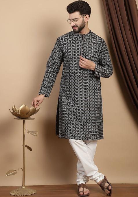 Black Printed Silk Kurta Set For Men