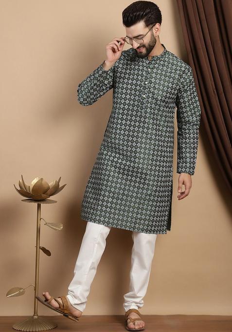 Green Printed Silk Kurta Set For Men