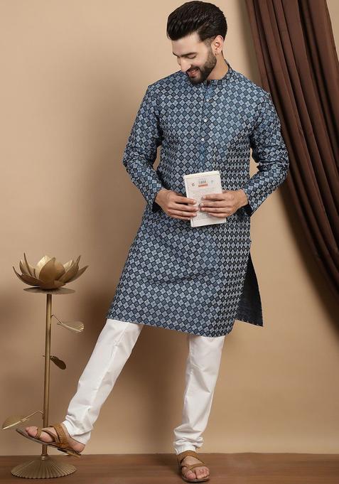 Blue Printed Silk Kurta Set For Men