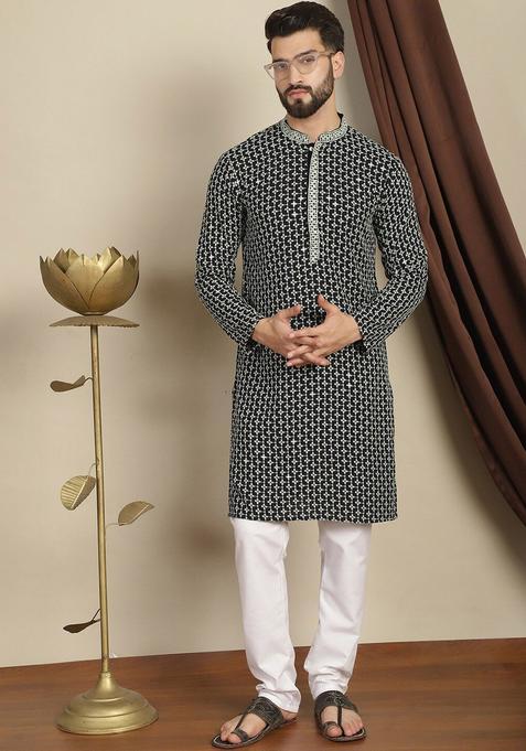 Green Embroidered Cotton Kurta Set For Men