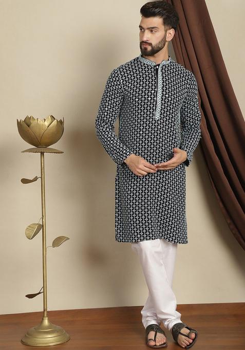 Black Embroidered Cotton Kurta Set For Men