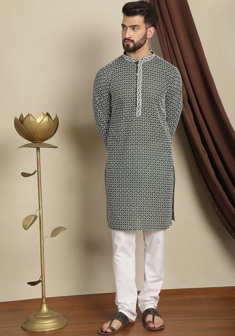 Green Embroidered Cotton Kurta Set For Men