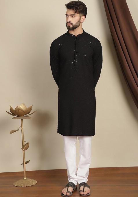 Black Embroidered Cotton Kurta Set For Men