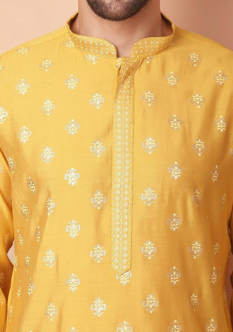 Yellow Printed Viscose Kurta Set For Men - Indya