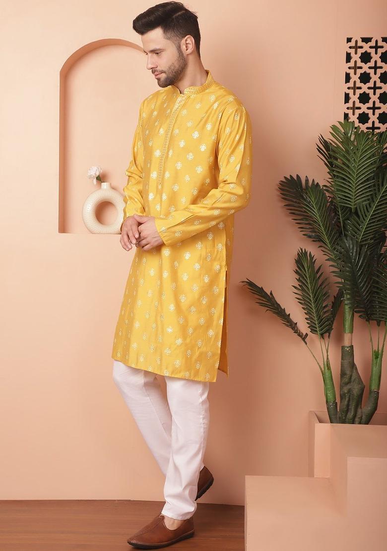 Yellow Printed Viscose Kurta Set For Men - Indya