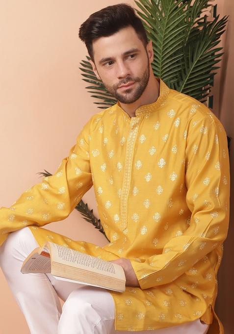 Yellow Printed Viscose Kurta Set For Men