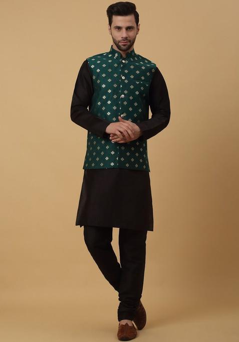 Black Solid Silk Kurta Set For Men