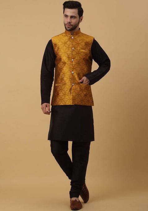 Black Solid Silk Kurta Set For Men