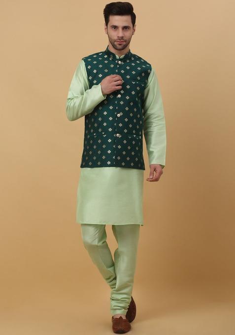 Green Solid Silk Kurta Set For Men