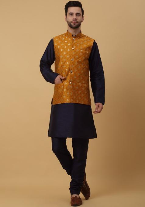 Blue Solid Silk Kurta Set For Men