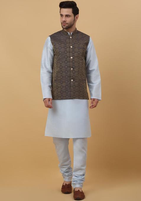Blue Solid Silk Kurta Set For Men