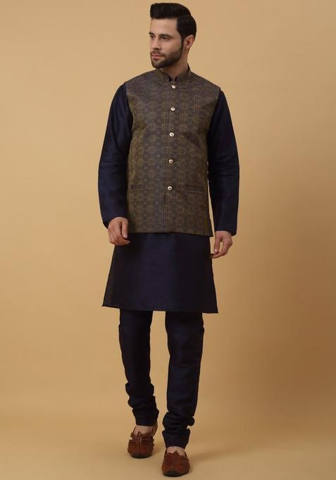Blue Solid Silk Kurta Set For Men