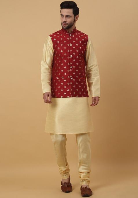 Beige Solid Silk Kurta Set For Men