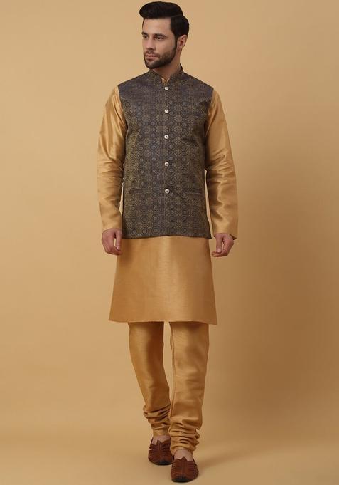 Gold Solid Silk Kurta Set For Men