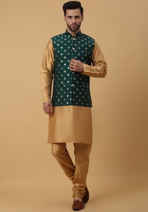 Gold Solid Silk Kurta Set For Men