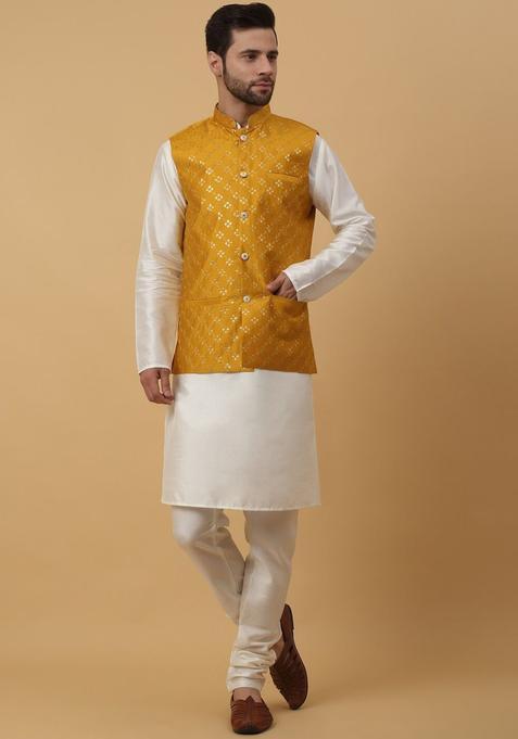 Beige Solid Silk Kurta Set For Men