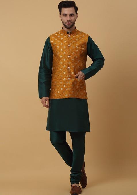 Green Solid Silk Kurta Set For Men