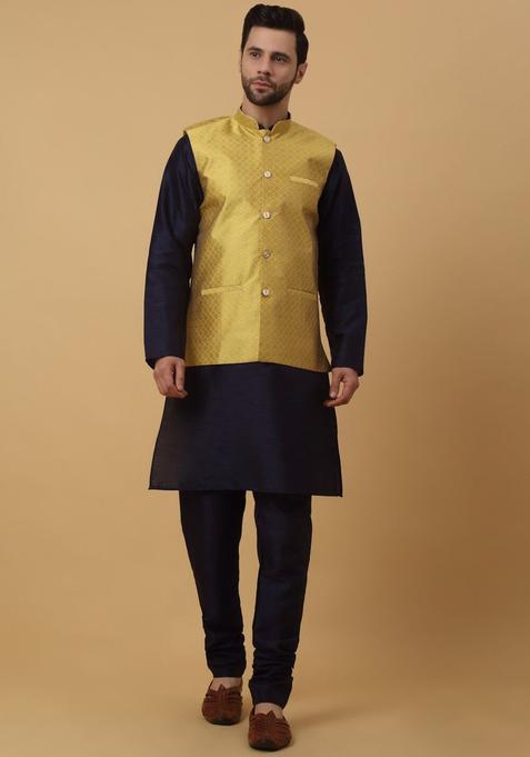 Blue Solid Silk Kurta Set For Men