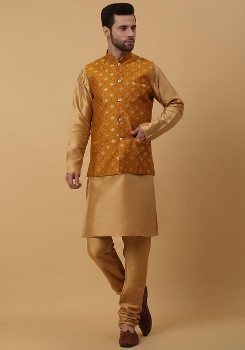 Gold Solid Silk Kurta Set For Men