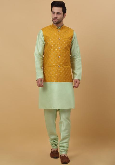 Green Solid Silk Kurta Set For Men
