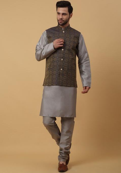 Grey Solid Silk Kurta Set For Men