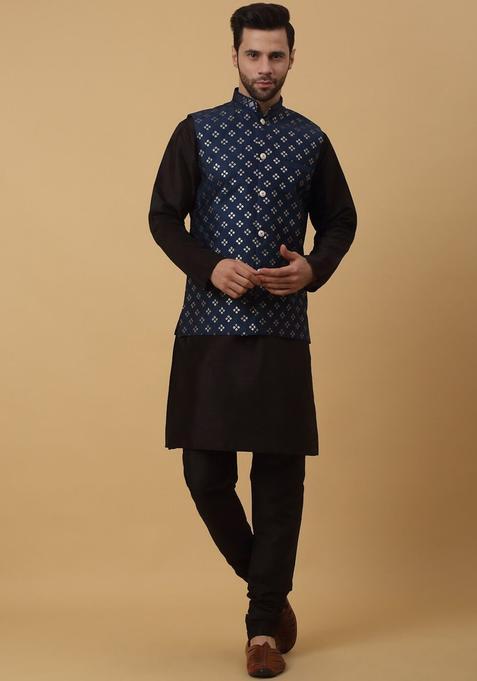 Black Solid Silk Kurta Set For Men