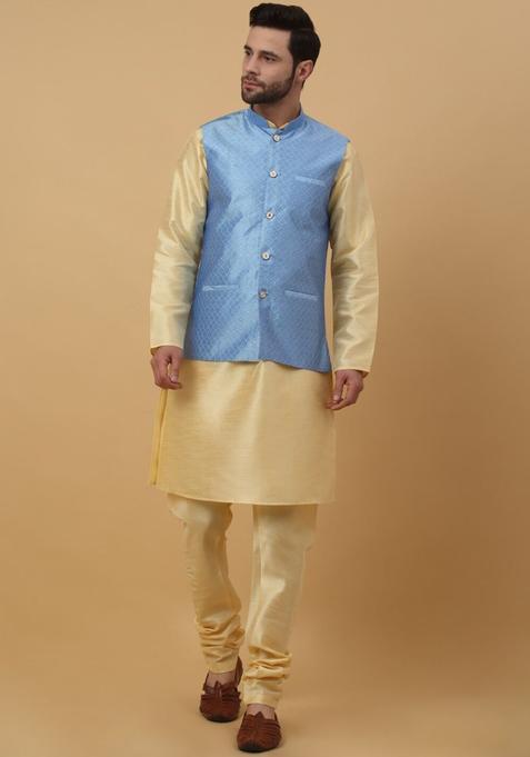Beige Solid Silk Kurta Set For Men