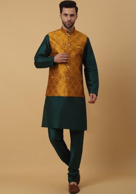 Green Solid Silk Kurta Set For Men