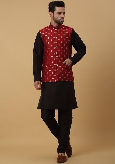 Black Solid Silk Kurta Set For Men